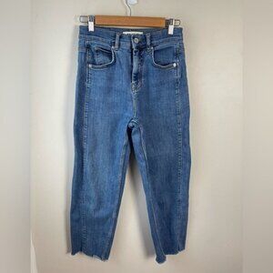 Whistles blue denim curved seam high rise raw hem ankle cropped mom jeans 26